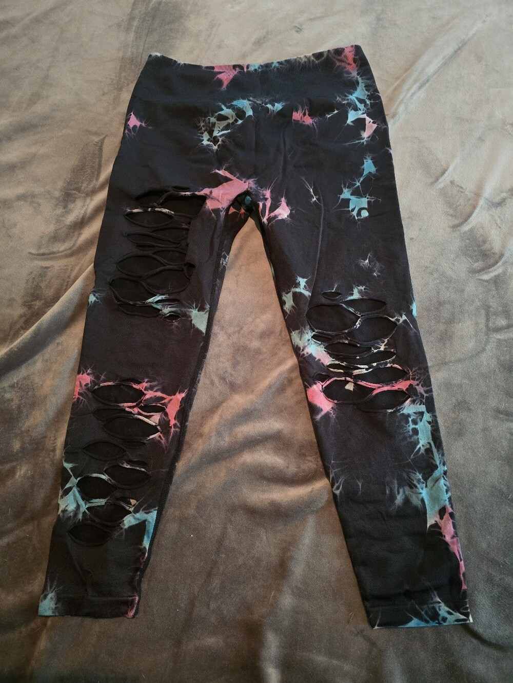 Black Tie-Dye Cutout Leggings Pink Blue Destroyed Ripped Slashed Butt Scrunch XL